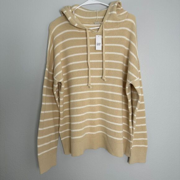 Gap Women's Hooded Sweater Size XL Waffle Knit Carmel White Stripe Beach - Picture 1 of 9